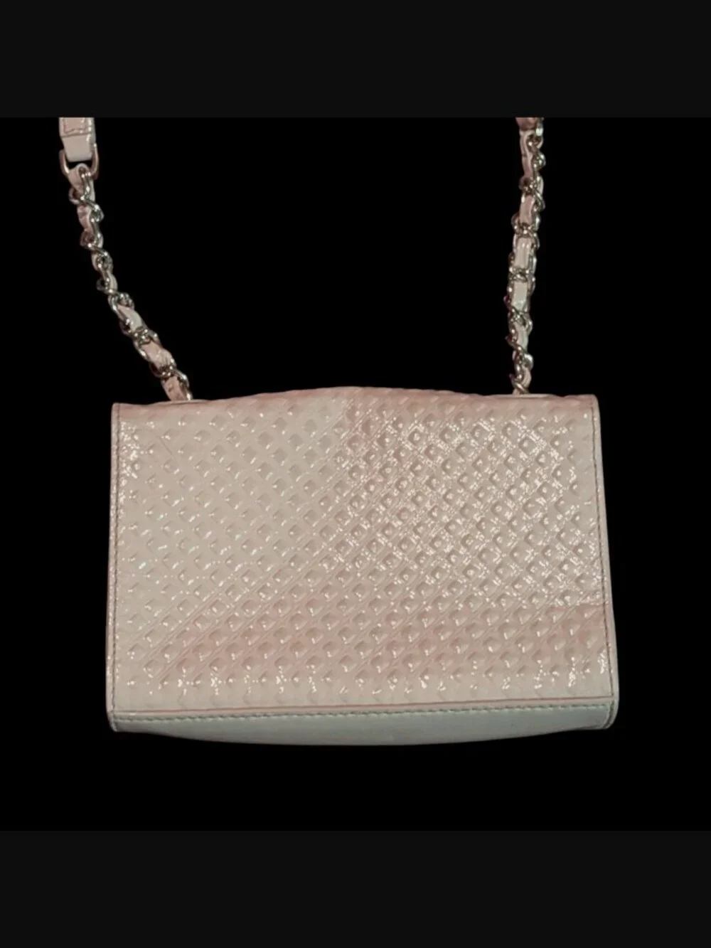 Tory Burch Marion Embossed Diamond Pattern Pink Patent Leather Gold Hardware